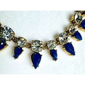 J.Crew Cobalt Blue Crystal Rhinestone Statement Necklace Pear Drops Gold Tone